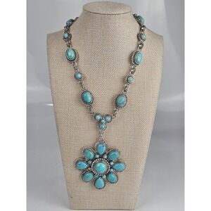 Graziano Silver Tone Turquoise Flower Pendant Statement Necklace